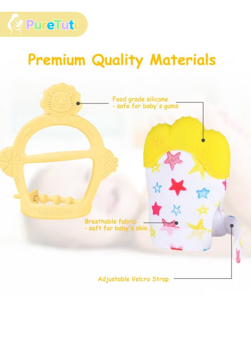 PureTuti Silicone Teething Mitt, 2Pcs Teething Mitten with Adjustable Strap, Crinkle Sound and Textured, Self Soothing Baby Chew Toys for 0-6month Infant(Yellow) - Image 2