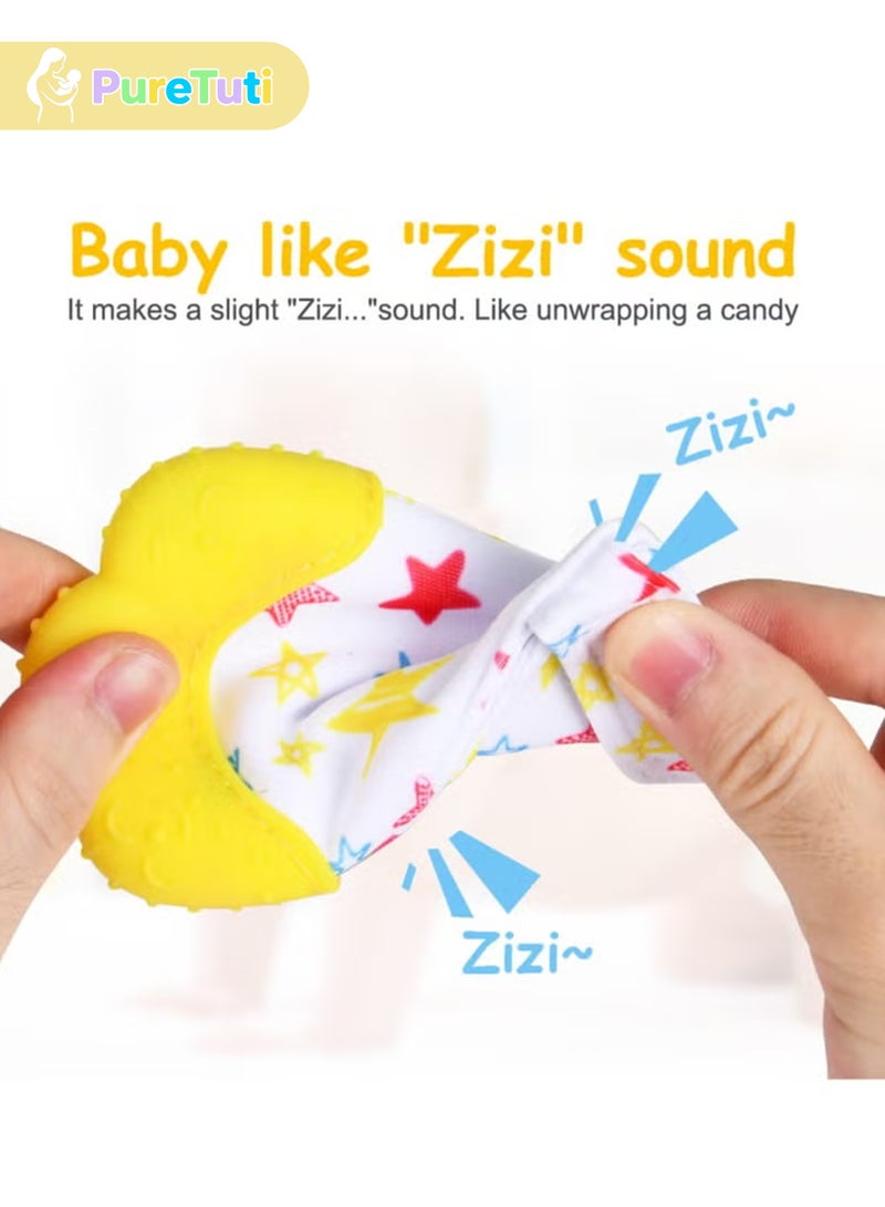 PureTuti Silicone Teething Mitt, 2Pcs Teething Mitten with Adjustable Strap, Crinkle Sound and Textured, Self Soothing Baby Chew Toys for 0-6month Infant(Yellow) - Image 3