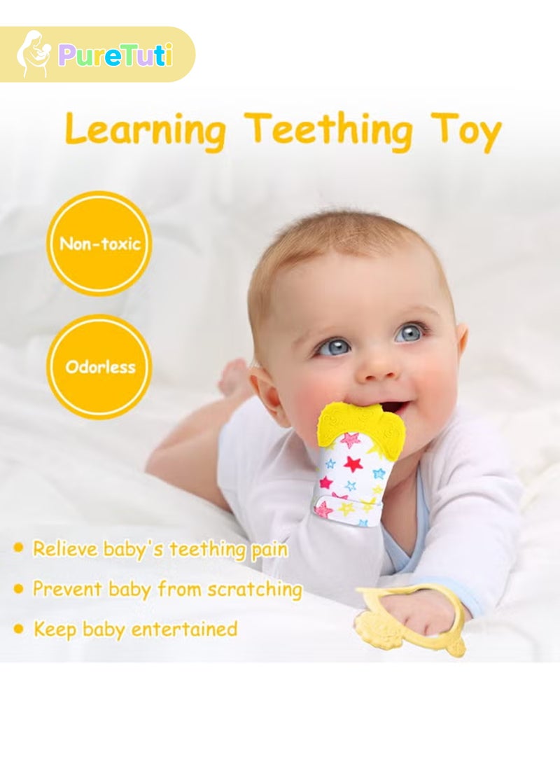 PureTuti Silicone Teething Mitt, 2Pcs Teething Mitten with Adjustable Strap, Crinkle Sound and Textured, Self Soothing Baby Chew Toys for 0-6month Infant(Yellow) - Image 4