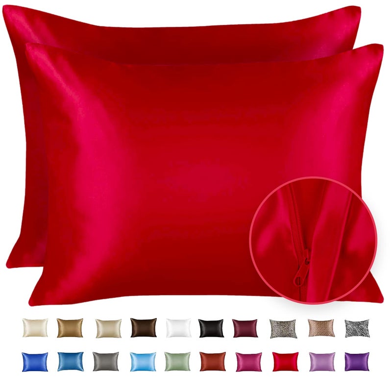 SHOPBEDDING ShopBedding Satin Pillowcase with Zipper for Hair and Skin Care Feels Soft and Cool Like a Silk Pillowcase Red Satin Pillow Cases Set of 2 Slik Pillow Cover Queen Size  2 Pack  Blissford 