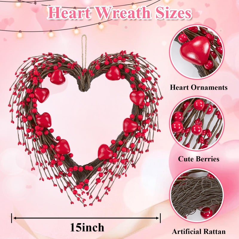 U'Artlines 15 Inch Valentineâ€™s Day Wreath, Red Heart Shaped Door Wreath with Cute Berries for Valentineâ€™s Day Gift Wedding Anniversary Festival Front Door Wall Decor - Image 4
