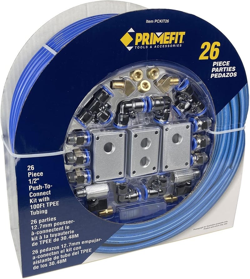 Primefit Primefit PCKIT26 Air Piping System 26Piece Air Push to Connect Kit with 12Inch OD  38 ID x 100Feet TPEE Tubing  - Image 2