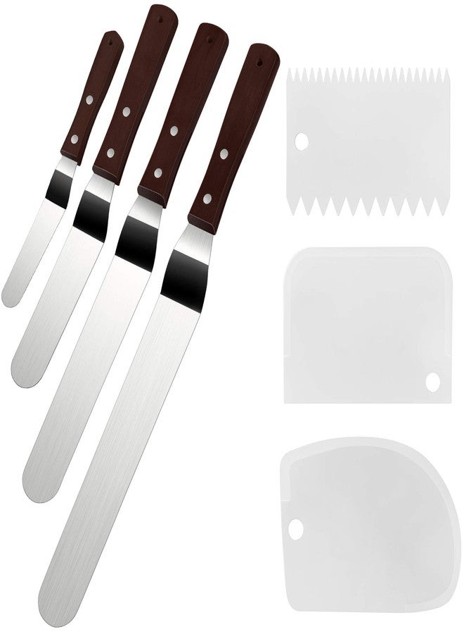 Awpeye 4 Packs Offset Spatula, Stainless Steel Cake Icing Spatula Set 4” 6” 8” 10”with Wooden Handle and 3 Packs Cake Smoother Scraper Set for Cake Decorating, Baking (Angled) - Image 1