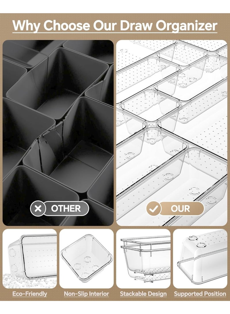 Forest Home 25 PCS Plastic Drawer Organizers Set, 4 Sizes Vanity Organizer, Makeup and Desk Drawer Organizer Trays, Organization and Storage for Makeup, Bathroom, Kitchen Utensils and Office (Clear) - Image 4