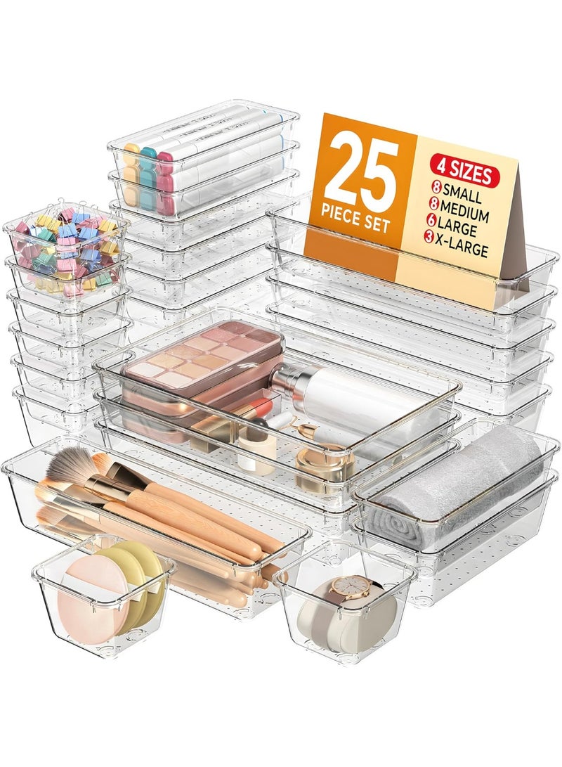 Forest Home 25 PCS Plastic Drawer Organizers Set, 4 Sizes Vanity Organizer, Makeup and Desk Drawer Organizer Trays, Organization and Storage for Makeup, Bathroom, Kitchen Utensils and Office (Clear) - Image 1
