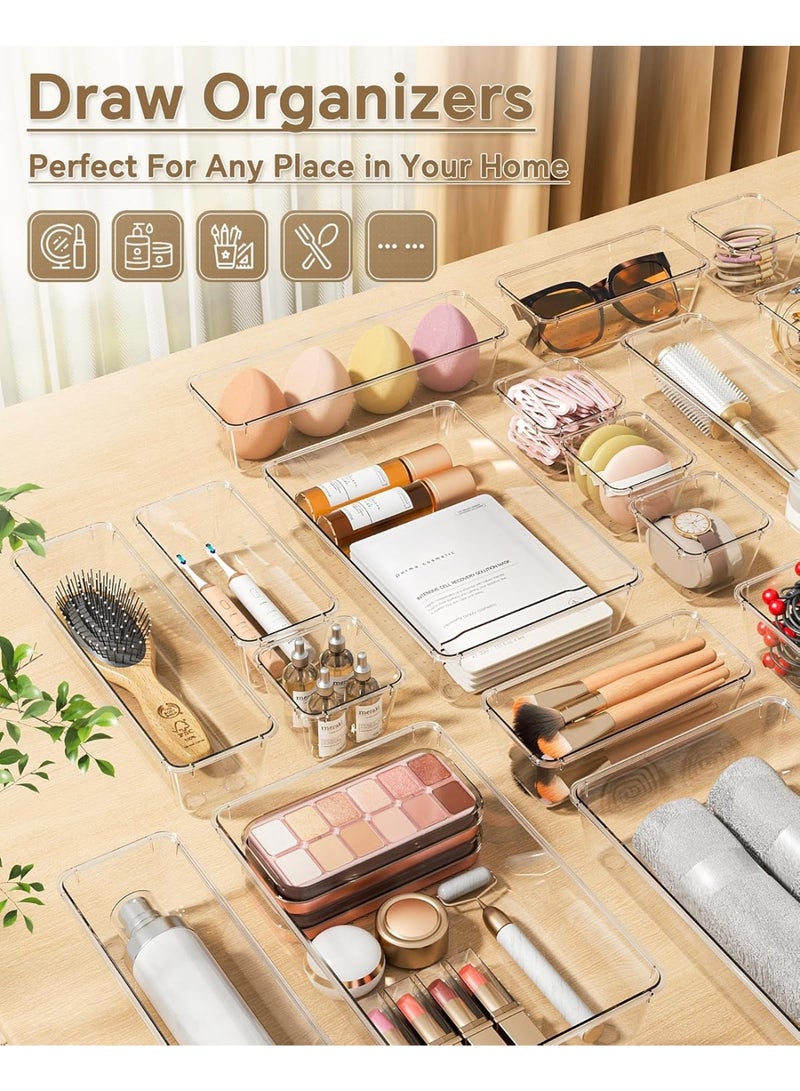 Forest Home 25 PCS Plastic Drawer Organizers Set, 4 Sizes Vanity Organizer, Makeup and Desk Drawer Organizer Trays, Organization and Storage for Makeup, Bathroom, Kitchen Utensils and Office (Clear) - Image 2