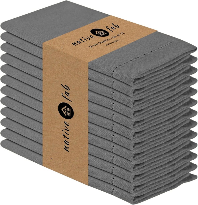 Native Fab Gray Cloth Napkins 100 Cotton Set of 12 18x18 inch Hemstitched Edges with Mitered Corners Soft Absorbent Reusable Table Napkins for Celebrations Events Lunch Dinner Grey - Image 1