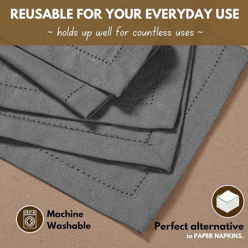 Native Fab Gray Cloth Napkins 100 Cotton Set of 12 18x18 inch Hemstitched Edges with Mitered Corners Soft Absorbent Reusable Table Napkins for Celebrations Events Lunch Dinner Grey - Image 5