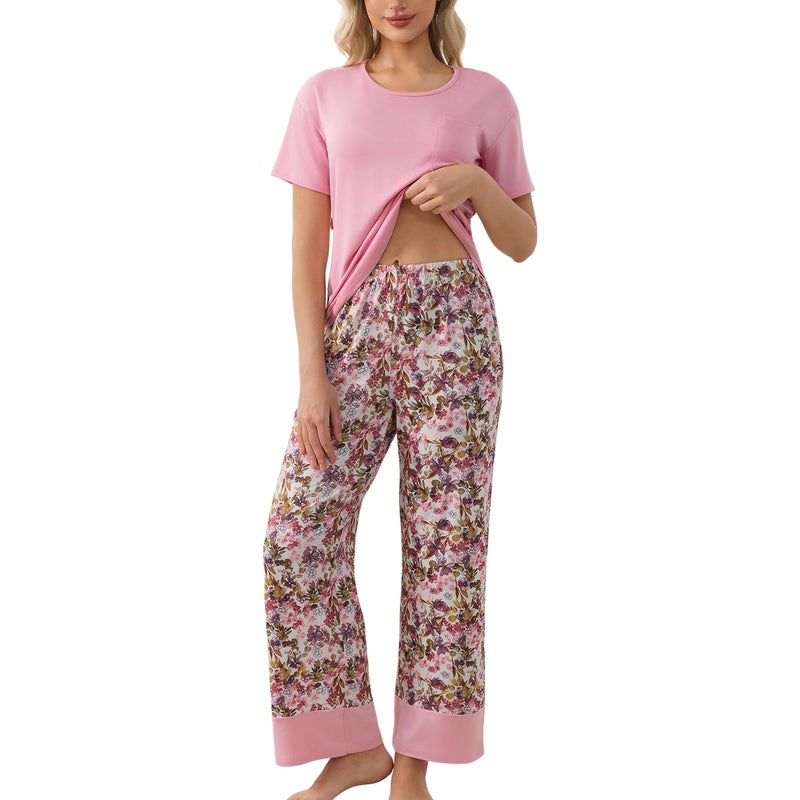 PNAEONG Womens Pajama Set Soft Comfy Short Sleeve Top and Printed Long Pants Lounge Sleepwear Pajamas with Pockets Pink Poppy,M - Image 1