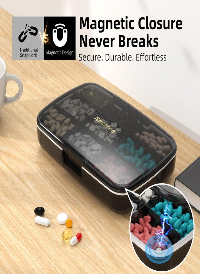 Restree Pill Organizer, Large Waterproof Travel Pill Case, Magnetic Closure & Adjustable Dividers for Daily Vitamins, Supplements, Fish Oil - Portable Medicine Box Home & On-The-Go (Black - Image 3