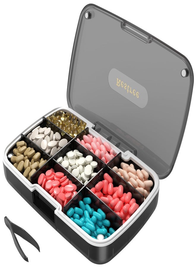 Restree Pill Organizer, Large Waterproof Travel Pill Case, Magnetic Closure & Adjustable Dividers for Daily Vitamins, Supplements, Fish Oil - Portable Medicine Box Home & On-The-Go (Black - Image 1