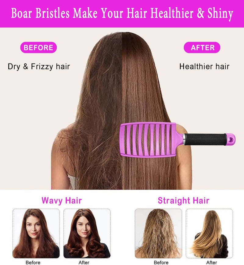 KTKUDY Detangling Brush Boar Bristle Hairbrush for Adult & Kids Wet or Dry Hair - KTKUDY Detangler Hair brush Getting Knots Out without Pain - Adds Shine and Makes Hair Healthier Purple - black handle - Image 3