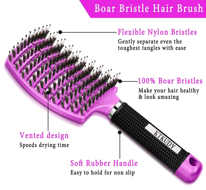 KTKUDY Detangling Brush Boar Bristle Hairbrush for Adult & Kids Wet or Dry Hair - KTKUDY Detangler Hair brush Getting Knots Out without Pain - Adds Shine and Makes Hair Healthier Purple - black handle - Image 2