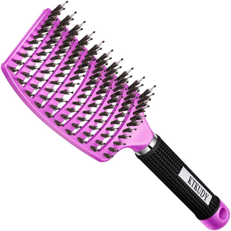 KTKUDY Detangling Brush Boar Bristle Hairbrush for Adult & Kids Wet or Dry Hair - KTKUDY Detangler Hair brush Getting Knots Out without Pain - Adds Shine and Makes Hair Healthier Purple - black handle - Image 1