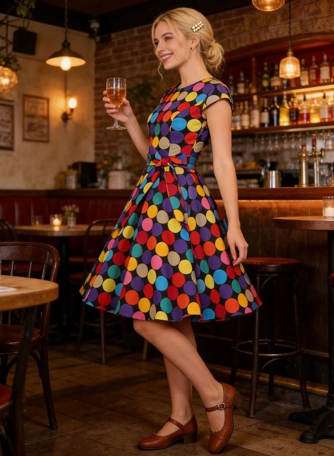 Pukavt Women's 1950 Boatneck Cap Sleeve Vintage Swing Cocktail Party Dress with Pockets, Z-black Colorfuldot, XXL - Image 2