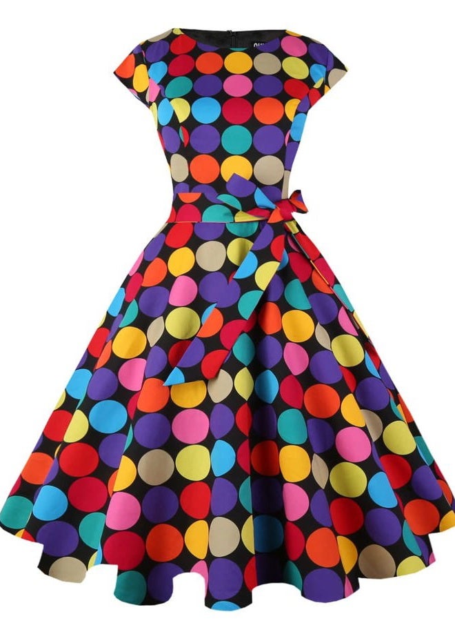 Pukavt Women's 1950 Boatneck Cap Sleeve Vintage Swing Cocktail Party Dress with Pockets, Z-black Colorfuldot, XXL - Image 1