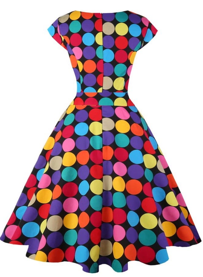 Pukavt Women's 1950 Boatneck Cap Sleeve Vintage Swing Cocktail Party Dress with Pockets, Z-black Colorfuldot, XXL - Image 5
