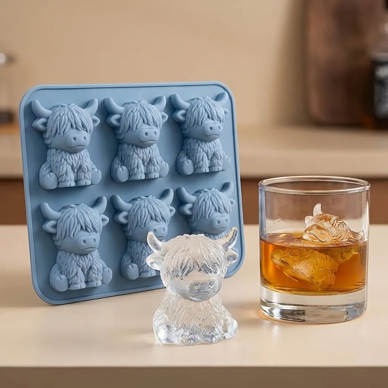 2 Pieces Highland Cow Ice Cube Molds Blue Six Cavity 3D Cube for Drinks - Image 3