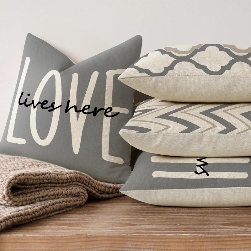 YCOLL Farmhouse Throw Pillow Covers 18x18 Set of 4 Rustic Linen Square Decorative Cushion Covers for Couch Sofa Bedroom Home Decor - Image 2