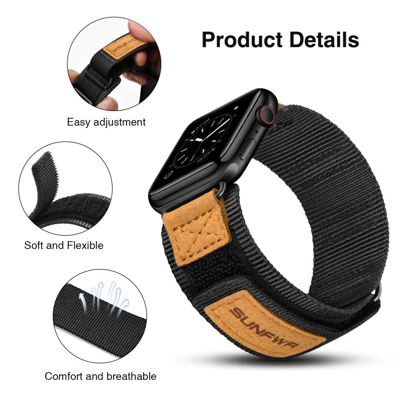 SUNFWR Compatible with Apple Watch Band 38mm 40mm 41mm 42mm, Rugged Replacement Velcro Strap With Three Buckle Loop Design Tough Nylon Band For iWatch Ultra Series 10/9/8/7/6/5/4/3/2/1/SE - Image 4