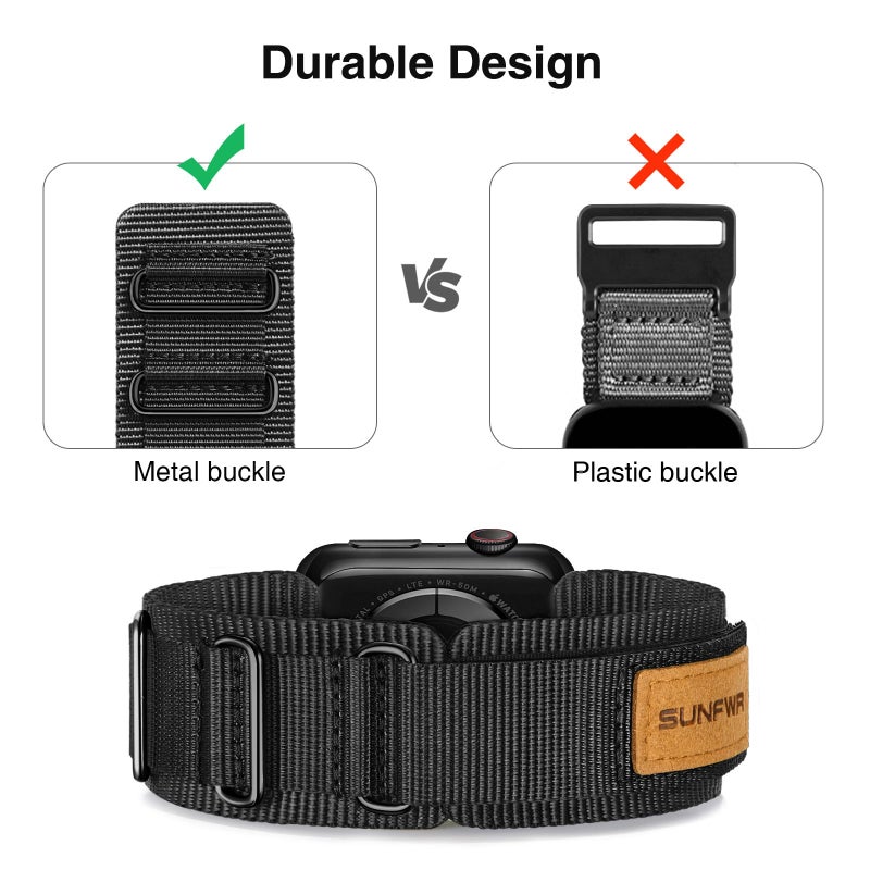 SUNFWR Compatible with Apple Watch Band 38mm 40mm 41mm 42mm, Rugged Replacement Velcro Strap With Three Buckle Loop Design Tough Nylon Band For iWatch Ultra Series 10/9/8/7/6/5/4/3/2/1/SE - Image 2