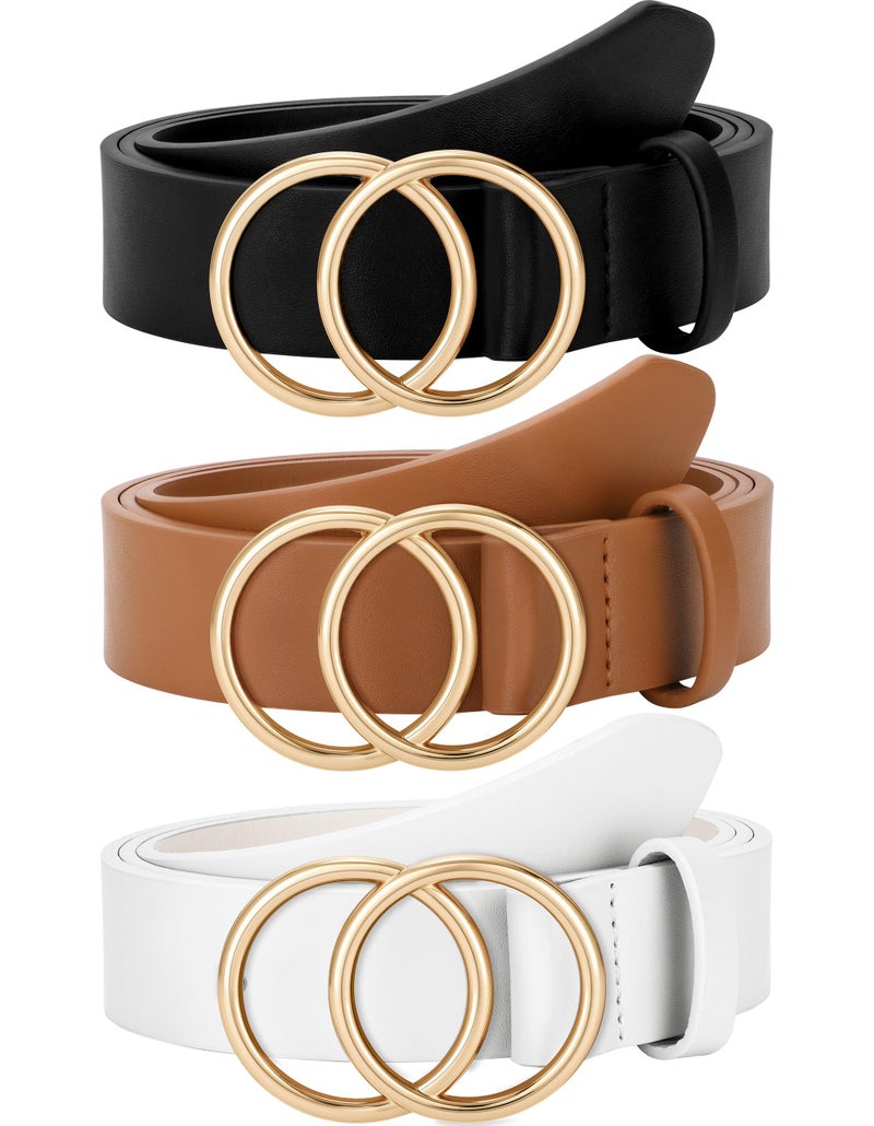 SUOSDEY Women Leather Belt Fashion Double O-Ring Soft Faux Leather Waist Belts For Jeans Dress - Image 1