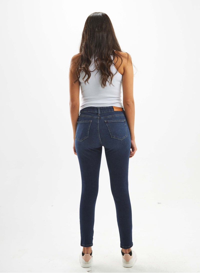 CIZARO High-Waist Navy Blue Ripped Skinny Jeans. - Image 3