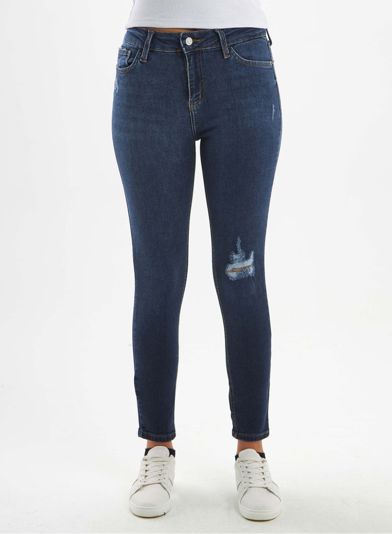 CIZARO High-Waist Navy Blue Ripped Skinny Jeans. - Image 4