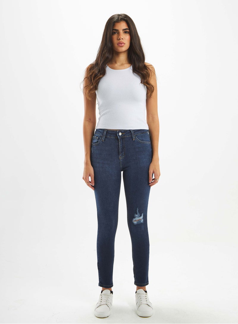 CIZARO High-Waist Navy Blue Ripped Skinny Jeans. - Image 1