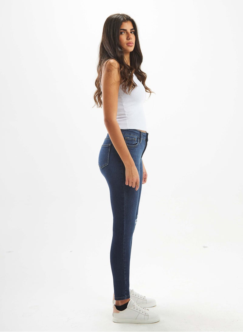 CIZARO High-Waist Navy Blue Ripped Skinny Jeans. - Image 2