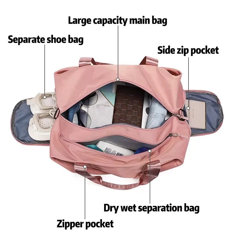Y&D Pink Nylon Waterproof Women's Weekend Overnight Travel Bag Gym Sports Bag Duffel Bag - Image 5