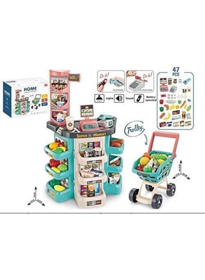 MEDca Kids Play Supermarket Set with Scanner - Pretend Play Grocery Shop Set - 47 Piece Complete Playset with Cash Register Credit Card Machine Scanner Shop Trolley and Food Gift for Boys and Girls