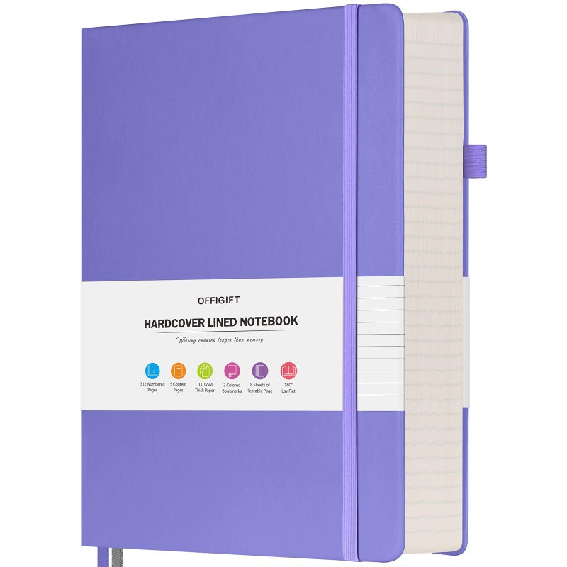 OFFIGIFT Lined Notebook Journal for Women Men, Large A4 College Ruled Notebook, 312 Numbered Pages Notebooks for Work, 100gsm Paper Daily Journal, Hardcover Vegan Leather Journals for Writing Office, Purple - Image 1