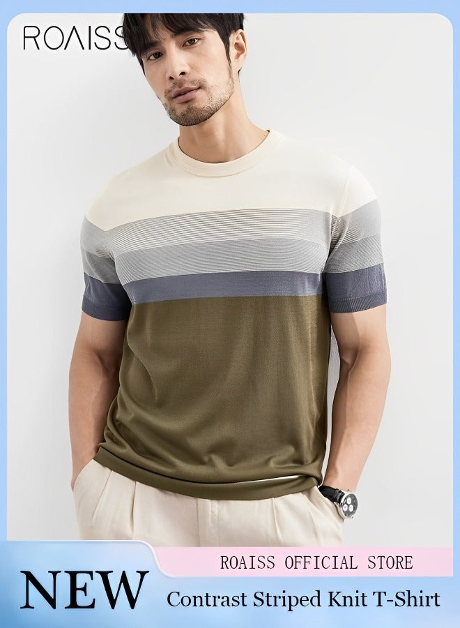 roaiss Men's Casual Contrast Striped Knitted T-Shirt Lightweight And Breathable Gradient Fashion Versatile Short Sleeved Round Neck Top  - Image 1