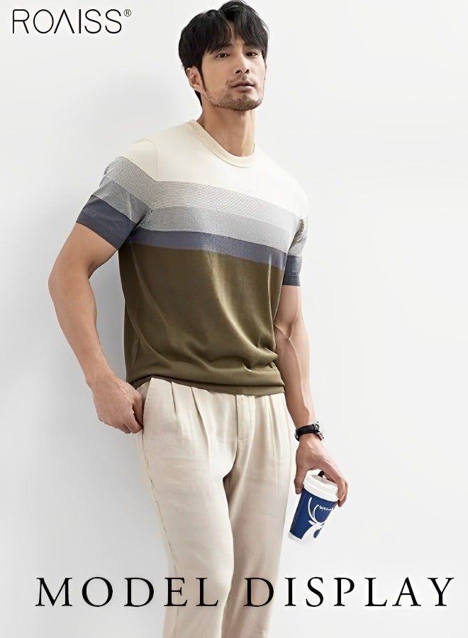 roaiss Men's Casual Contrast Striped Knitted T-Shirt Lightweight And Breathable Gradient Fashion Versatile Short Sleeved Round Neck Top  - Image 2
