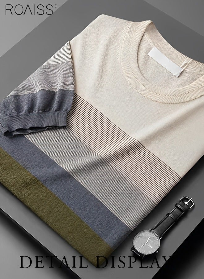 roaiss Men's Casual Contrast Striped Knitted T-Shirt Lightweight And Breathable Gradient Fashion Versatile Short Sleeved Round Neck Top  - Image 3