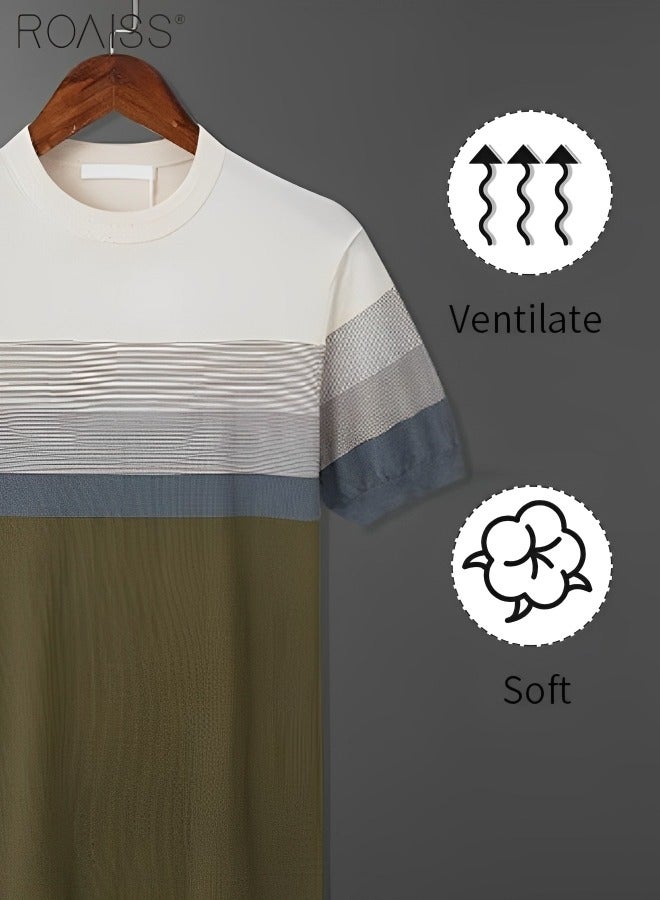 roaiss Men's Casual Contrast Striped Knitted T-Shirt Lightweight And Breathable Gradient Fashion Versatile Short Sleeved Round Neck Top  - Image 5