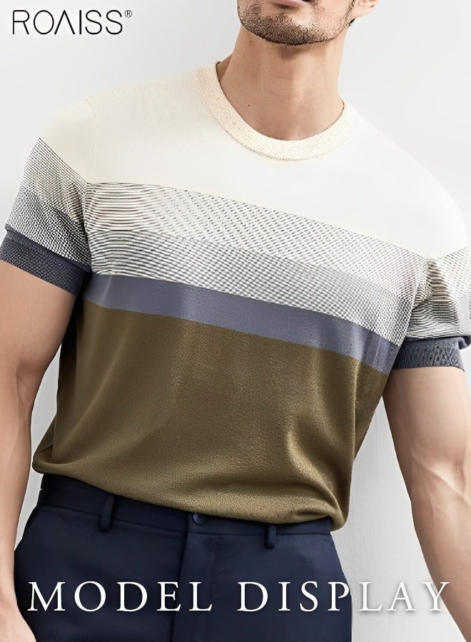 roaiss Men's Casual Contrast Striped Knitted T-Shirt Lightweight And Breathable Gradient Fashion Versatile Short Sleeved Round Neck Top  - Image 4