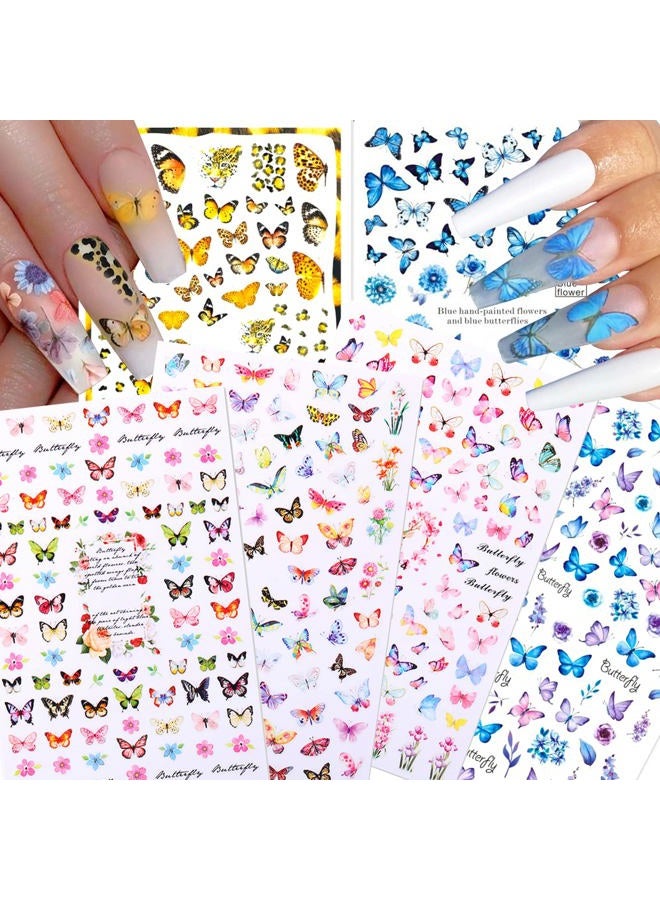 YOKSAS 6 Sheets Butterfly Nail Art Stickers,Self Adhesive Blue Pink Leopard Print Butterfly Nail Decals - Image 1