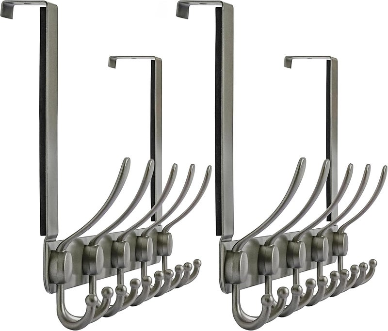 Dseap Over The Door Hook Hanger - 5 Tri Hooks, Heavy Duty Over The Door Towel Rack Coat Rack for Clothes Hat Towel, Grey, Pack of 2 - Image 1