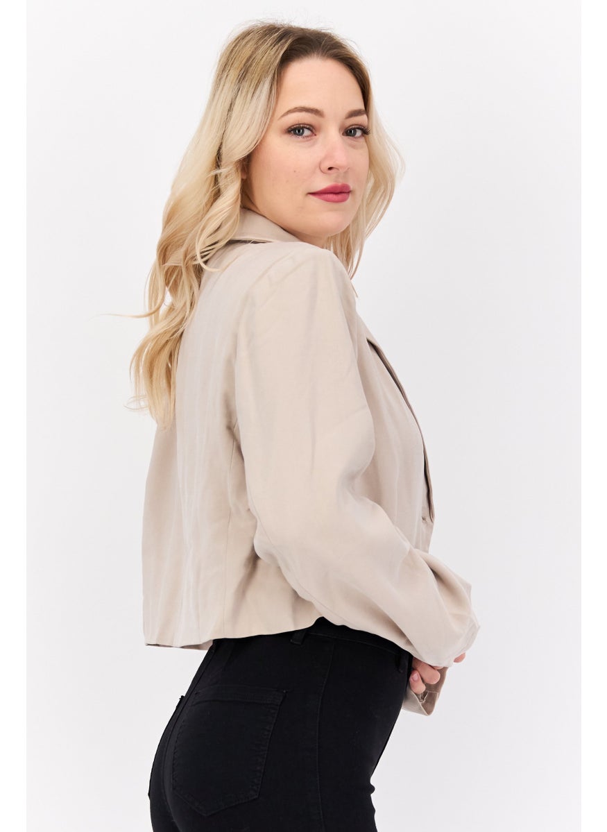 NIA Women Regular Fit Single Breasted Cropped Blazer, Light Grey  - Image 2