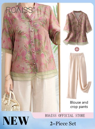 2-Piece Women Casual Suit V Neck Design Mid Length Sleeve Shirt Fit Top Loose Straight Leg Pants Comfortable Fabric Printed Tops Solid Color Pants Elastic Waist Suitable for Daily Commuting Wear - pzsku/Z8799938B9BCCFA3348BBZ/45/1746226350/0f486942-dae6-49af-a01d-e791db70fdb9