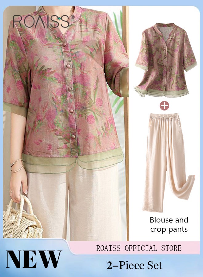 2-Piece Women Casual Suit V Neck Design Mid Length Sleeve Shirt Fit Top Loose Straight Leg Pants Comfortable Fabric Printed Tops Solid Color Pants Elastic Waist Suitable for Daily Commuting Wear
