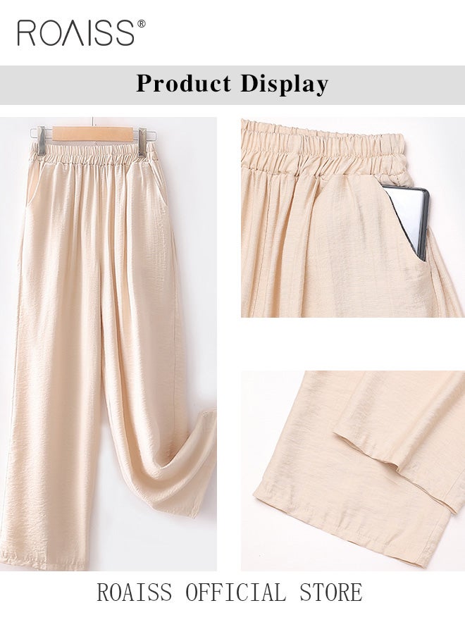 2-Piece Women Casual Suit V Neck Design Mid Length Sleeve Shirt Fit Top Loose Straight Leg Pants Comfortable Fabric Printed Tops Solid Color Pants Elastic Waist Suitable for Daily Commuting Wear
