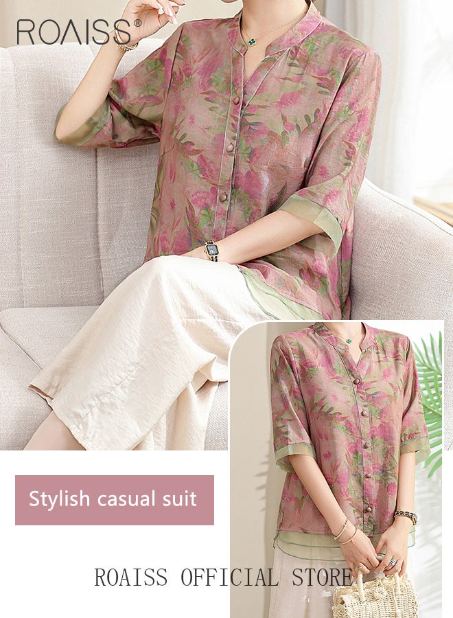 2-Piece Women Casual Suit V Neck Design Mid Length Sleeve Shirt Fit Top Loose Straight Leg Pants Comfortable Fabric Printed Tops Solid Color Pants Elastic Waist Suitable for Daily Commuting Wear