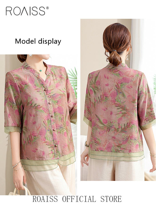 2-Piece Women Casual Suit V Neck Design Mid Length Sleeve Shirt Fit Top Loose Straight Leg Pants Comfortable Fabric Printed Tops Solid Color Pants Elastic Waist Suitable for Daily Commuting Wear