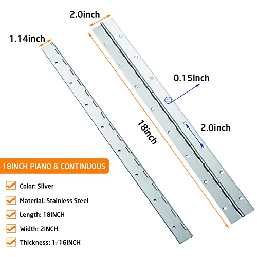 AODESTINY 2 Piece 2" x 18" Stainless Steel Piano Hinge, 0.060" / 1/16” Thick Heavy Duty Piano Hinge with Holes, Silver Continuous & Piano Hinges for Wood Furniture Mailbox Tool/Storage Boxes Cabinets Door Piano - Image 2