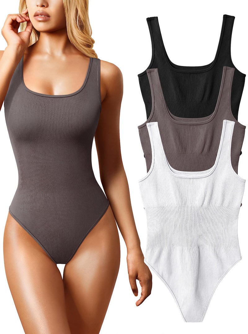 OQQ Women's 3 Piece Bodysuits Sexy Ribbed Sleeveless Square Neck Tank Tops Leotard 2025 Trendy Outfits Black Tea leaf White - Image 1