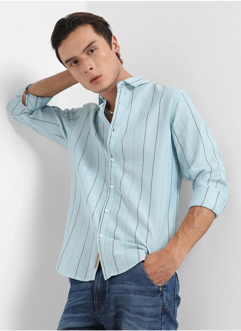 كامبوس سوترا Men's Light Blue Contrast Pinstriped Shirt