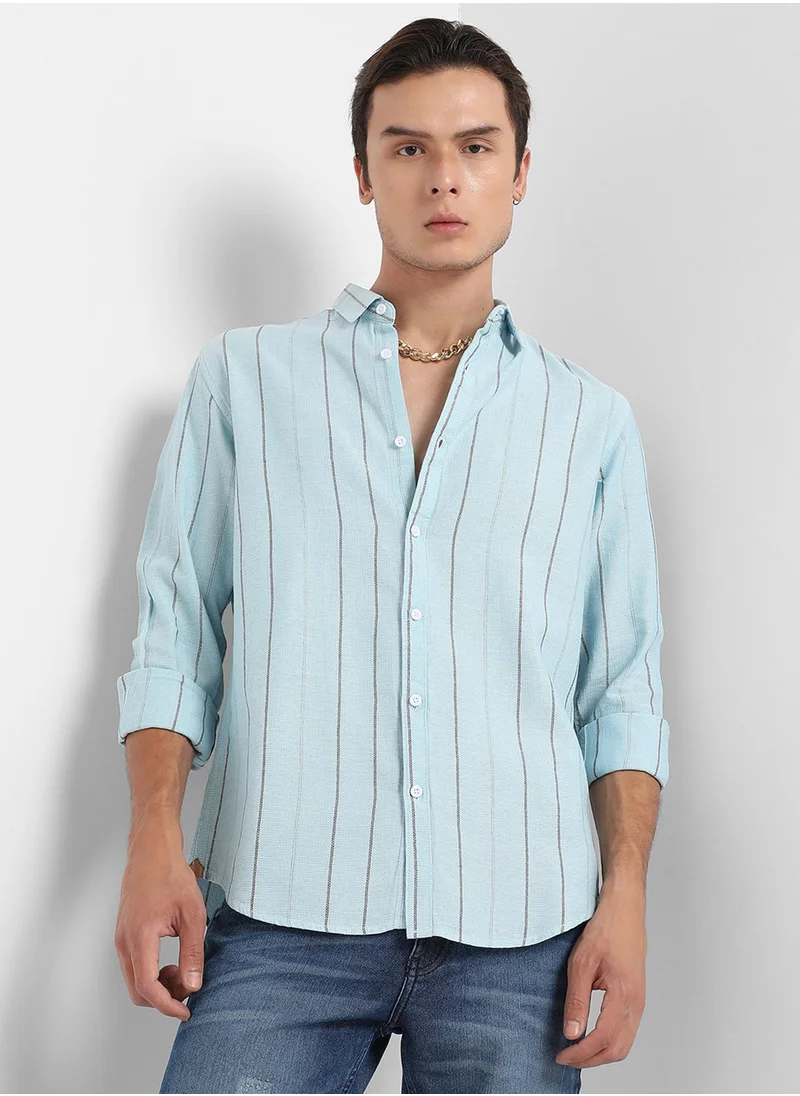 كامبوس سوترا Men's Light Blue Contrast Pinstriped Shirt